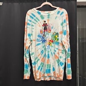 Blue Long Sleeve Tie-Dye Tee with Colorful Graphic Print